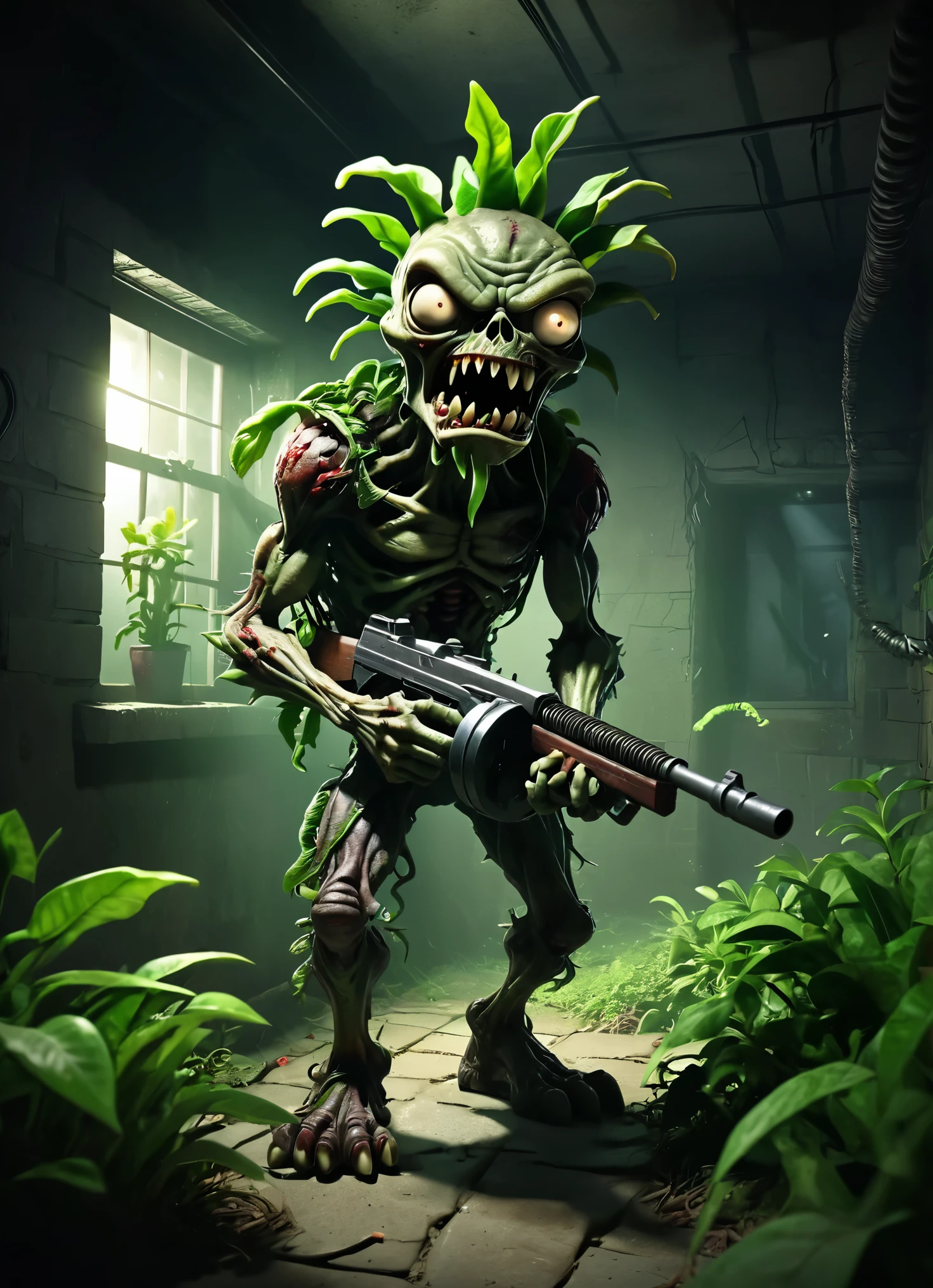 Plants vs. Zombies style, huge succplant with angry eyes and a long mouth with sharp teeth is holding a tmmygn submachine gun with it's strong roots, lurking in a dark basement, green leaves, roots, cinematic, horror theme, dark and gloomy, strong backlight from a window in the basement, 
