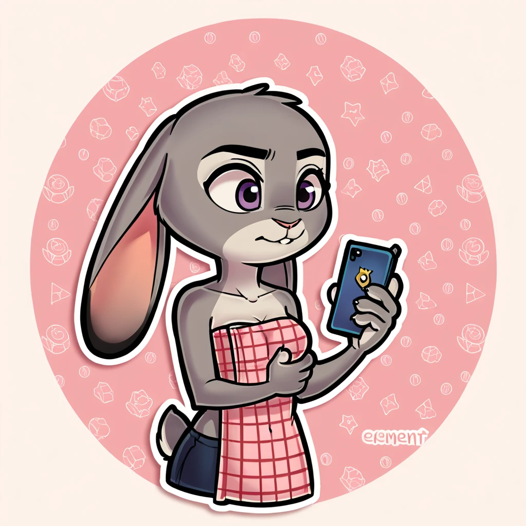score_9_presence, score_8_up, Judy Hopps, wrapped in towel medium breasts, holding phone