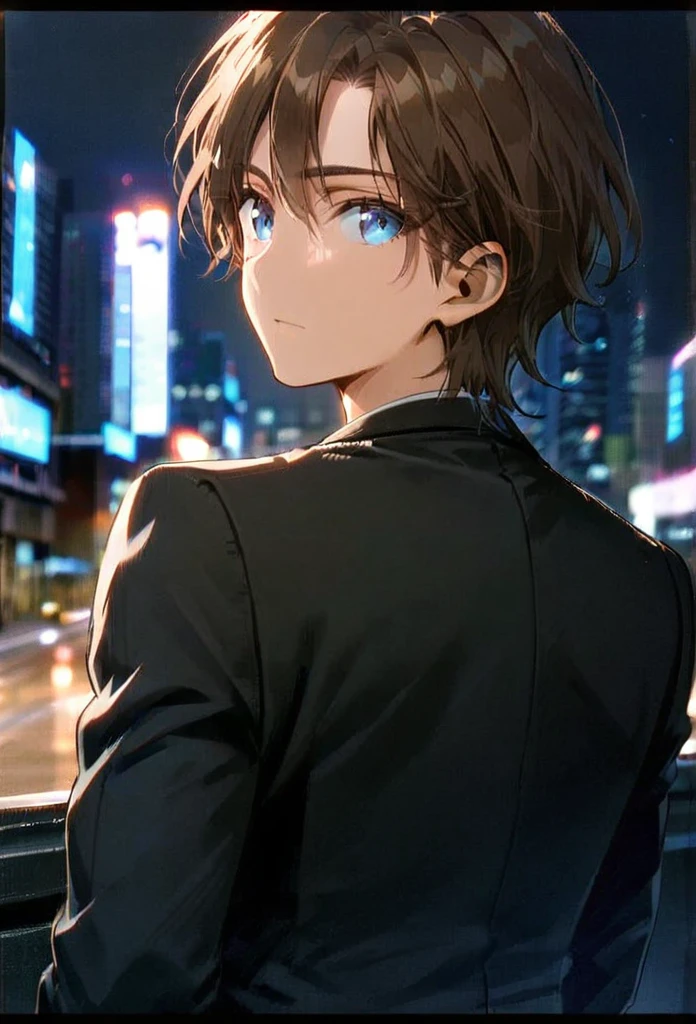 Half body ,With anime A man , with  blue eyes  and brown hair. wearing a black suit , city background at night, Look back. 