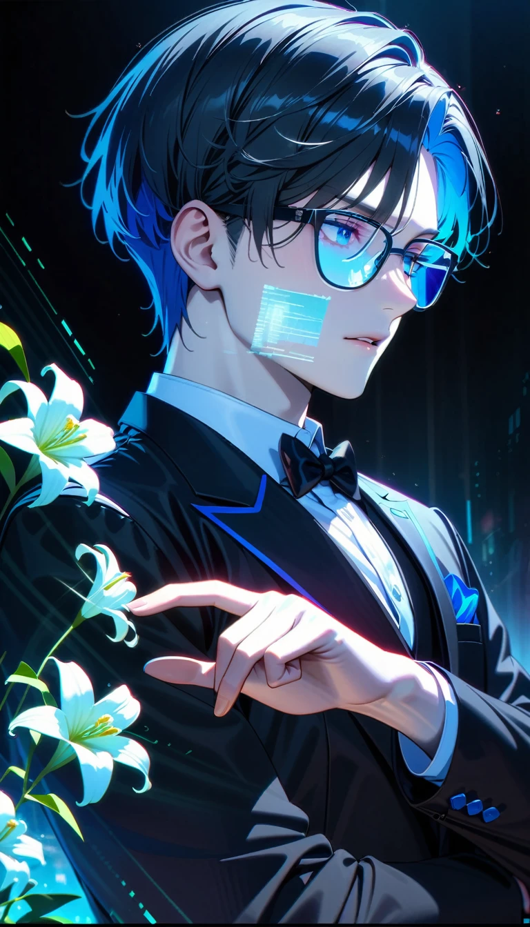 masterpiece, Highest quality, Very detailed, High resolution, An expensive solution, High resolution, Very detailed CG, Beautiful details, depth, Fine texture, Super quality, Total concentration, Pale skin, Handsome, Smart and cool guy, have confidence, short hair, Black Hair, Highlights of blue hair, Beautiful detailsの目, Emerald Eyes, full details black tuxedo sUit, Blue Trim, Glasses, 1 male, Stick a lily in your chest, Cold face and eyes, Mouth closed, Ethereal atmosphere, Lily garden, Complex details, Volumetric lighting, Atmospheric lighting, Lens flare, particle, Cinematic Light, Colorful light, White color scheme, White lily flower in hand, The finer details, Complex, Beautiful sparkle, Very detailed目と顔, Futuristic, HLPR, (hologram, Glitch, Holographic Face, Ui, interface, node), 