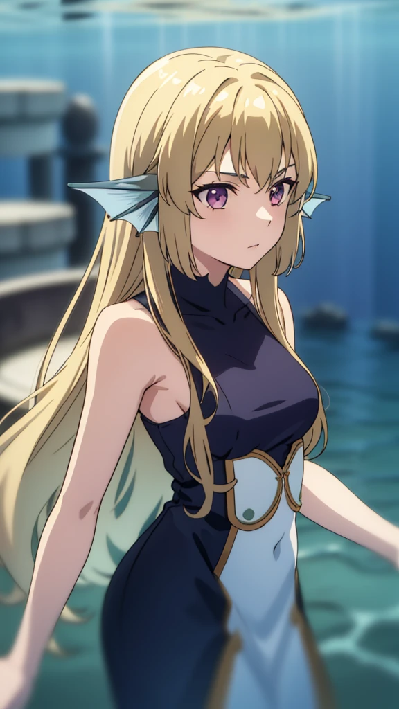 1girl,20 years old,solo,long hair,blonde hair,finana,twin drills,(water outfit),(in a underwater city),bare shoulders,looking at view,serious