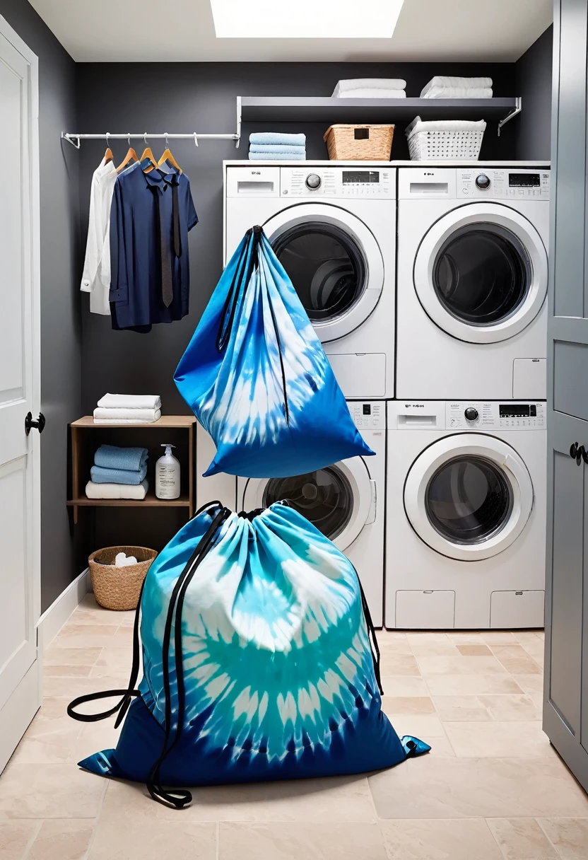 In the laundry room,1 Oversized Blue Tie-Dye Laundry Bag,Black drawstring,