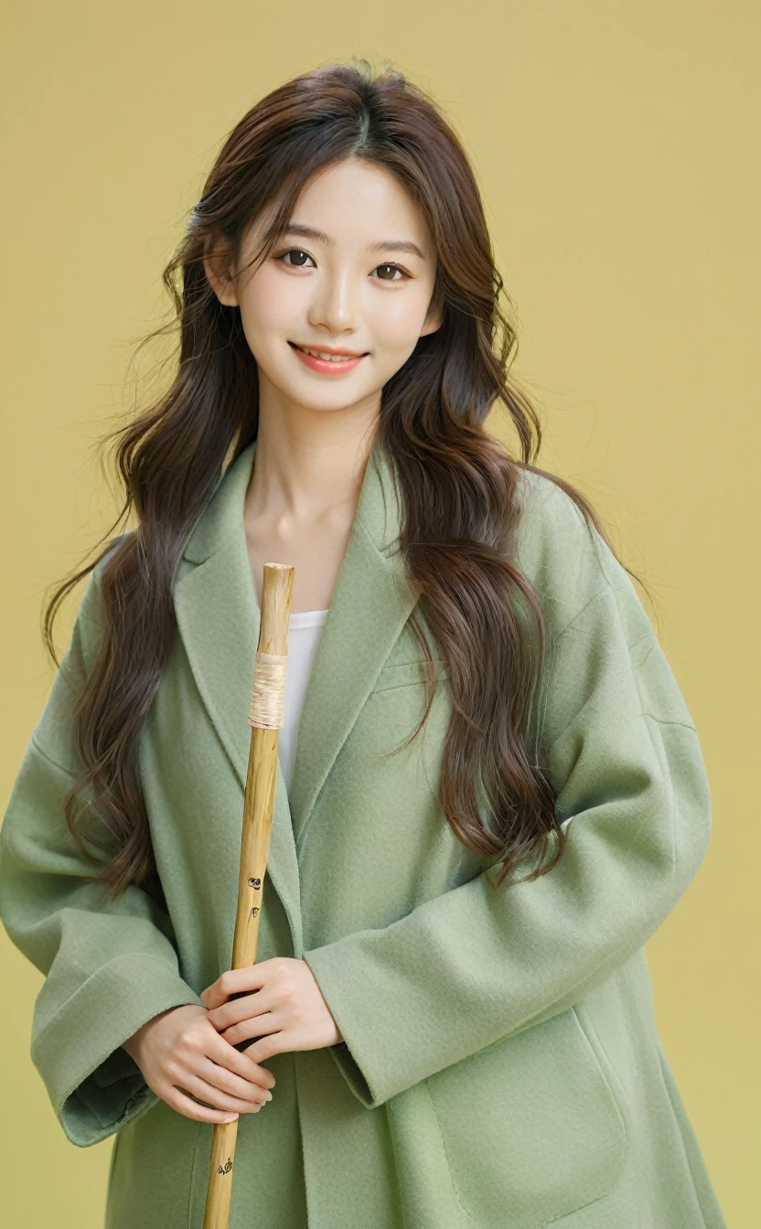 Realistic,Japanese young idol one girl portrait,Upper Body,Silvery, loosely wavy long hair,indoor,Carrying a walking stick,Simple yellow-green background,smile,Wearing a green long coat,Popular Korean makeup,photoRealistic,