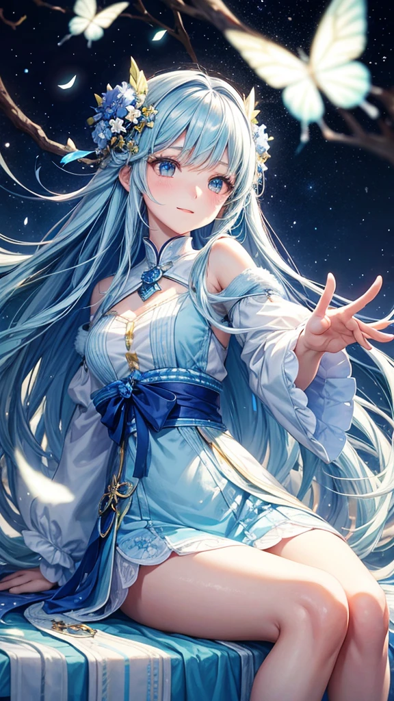 A young woman with long blue hair, wearing a white and blue winter outfit, sits on a branch with a large blue flower, her hand reaching out to the sky. She has a playful expression on her face and is surrounded by a magical aura.

[Anime style, vibrant colors, magical and whimsical, inspired by the works of Mihoyo and Pixiv artists], [dynamic composition, soft lighting, glowing effects, bokeh effect, motion blur, detailed textures, background with a starry sky and white butterflies]