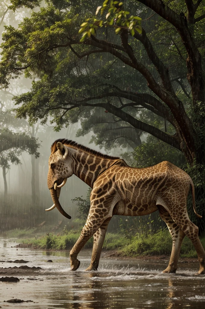 ChatGPT
prompt for image of the animals and birds are following the lion in heavy raining
ChatGPT
Imagine a scene where a mighty lion strides confidently through the dense jungle as rain pours down in torrents. The lion's golden mane, now soaked, glistens in the dim light filtering through the canopy. Behind him, a procession of animals follows: elephants trumpeting softly, a pair of giraffes with their necks gracefully arched, zebras and antelopes walking in step, and various birds flitting from branch to branch, their colorful feathers contrasting against the gray sky. The rain creates a misty ambiance, with droplets bouncing off leaves and creating ripples in puddles on the forest floor. The lion, undeterred by the storm, leads the way as his followers trustingly march behind him, each finding a sense of unity and protection in his presence.