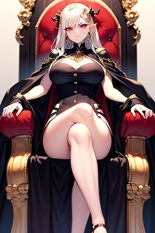 masterpiece, extra limbs, 1vampire lady, 250 years old,((light gold extra long hair)), slant blank ruby red eyes, big breasts, curvy,(pale white finely detailed skin), (serious),(((clothed Necromancer))),hair ornaments,earrings,cape,evil sword,crossed legs,sitting on throne,old castle,midnight