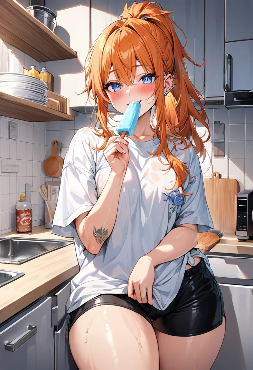 20 year old female, long orange hair, messy hair, ponytail, perfect eyes, perfect blue irises, perfect pupils, thick thighs, oversized shirt, black shorts, many ear piercings, eating popsicle, sweaty, blushing smile, apartment kitchen, otaku, standing in front of sink, highly detailed, best detail, best hands, right forearm tattoo, perfect tattoo, perfect hands, perfect fingers, perfect anatomy