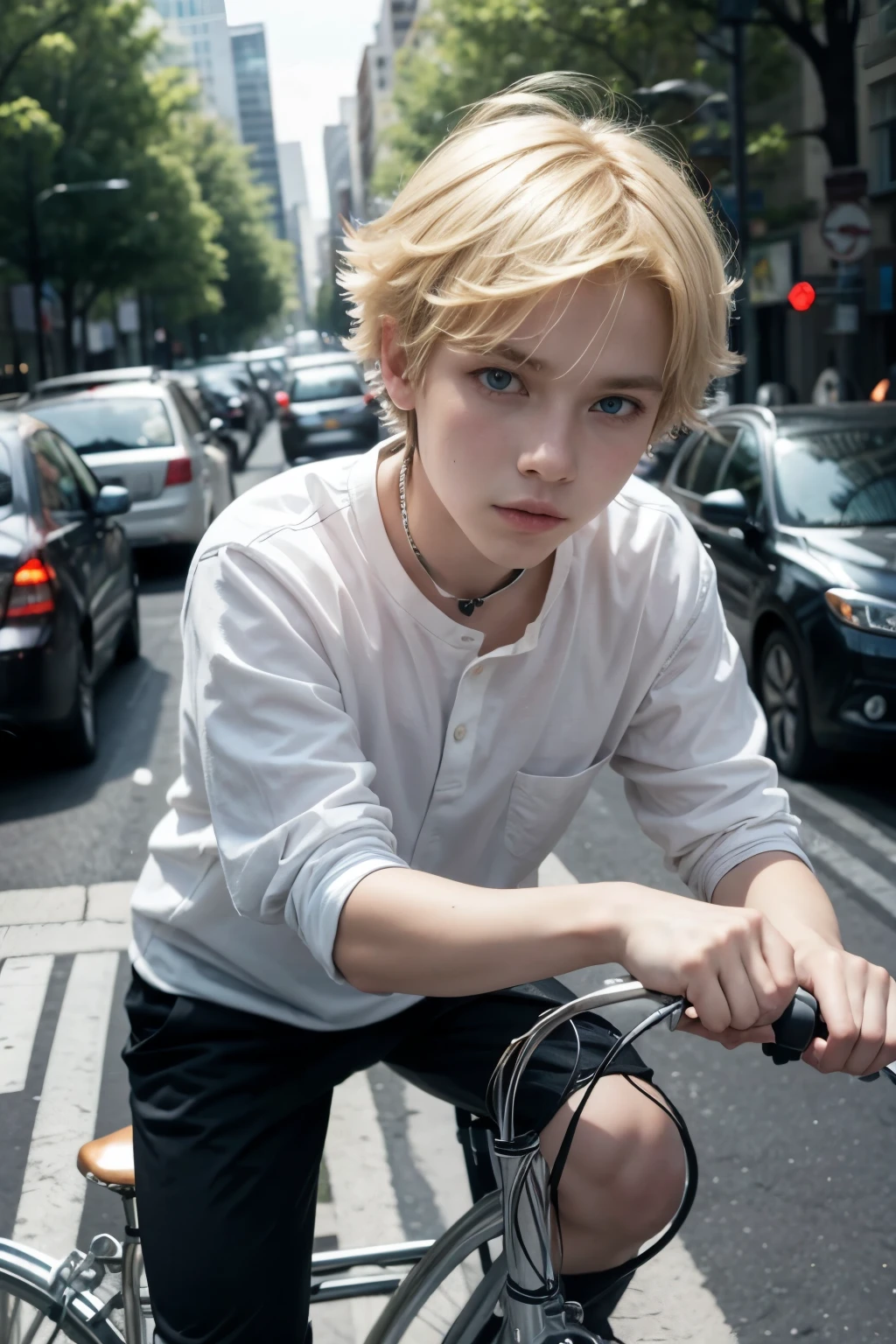 Blonde boy riding a bicycle in traffic
