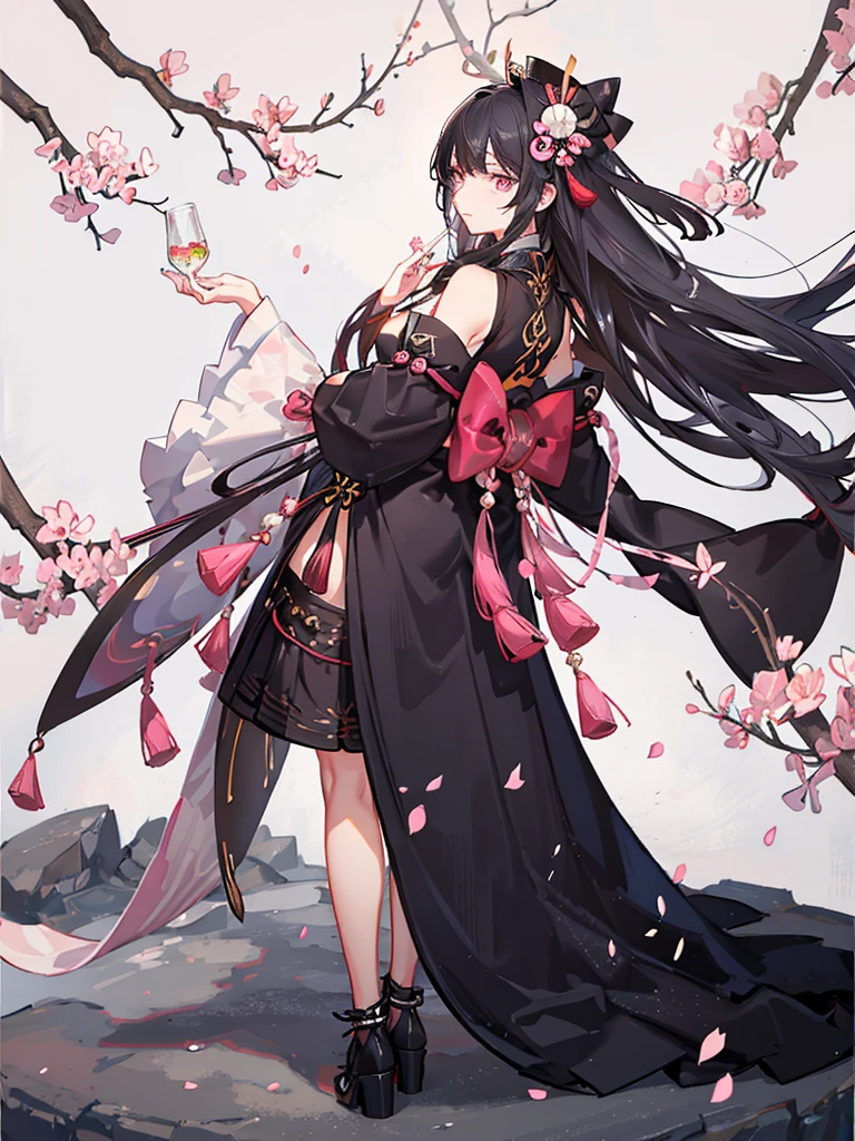 best quality, character design sheet, adult woman、No hat on, Black and pink hair, whole body, Head to Toe, Fortuneteller、Standing facing forward, Beautiful black dress, long Black Hair, Pure white background, from front, best quality, Cherry blossom pattern、Japanese、Adult Japanese、Clear eyes、Standing facing forward、The face is facing forward、holding a magic card in hand、White background、Black western dress、Neutral face、Black hair with pink inner color