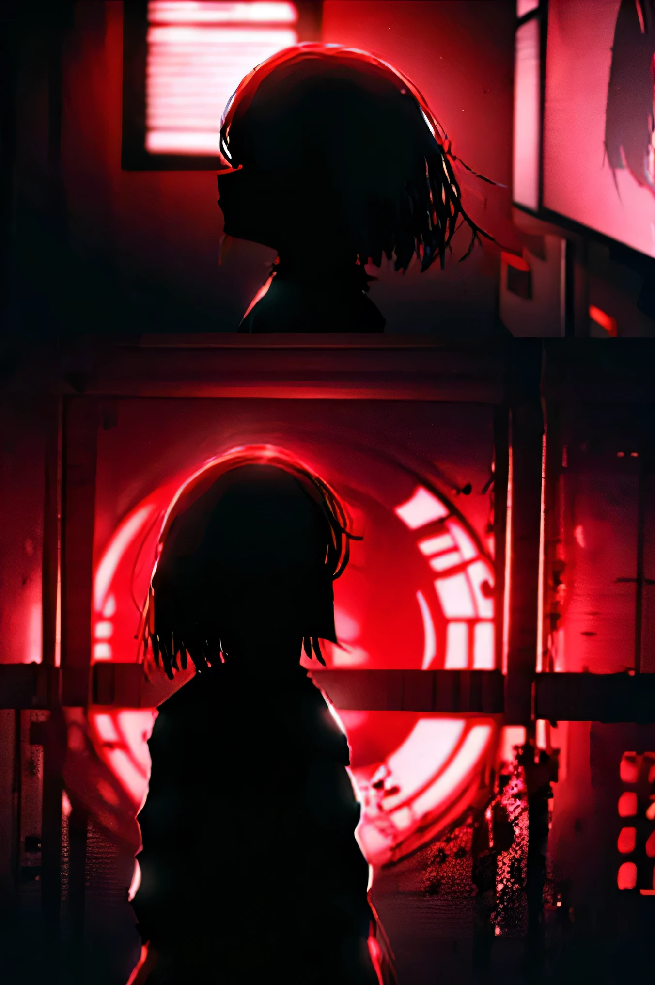 a masterpiece, a woman with red eyes stands in front of a window, beautiful eyes are visible on a large monitor screen in the background, a girl in the center, a silhouette of a girl in the center, red lighting, red eyes, blood, detailed, luminous, dim room, lighting from screens, monitor panels that depict girls, on monitor panels eyes are visible, many eyes.
