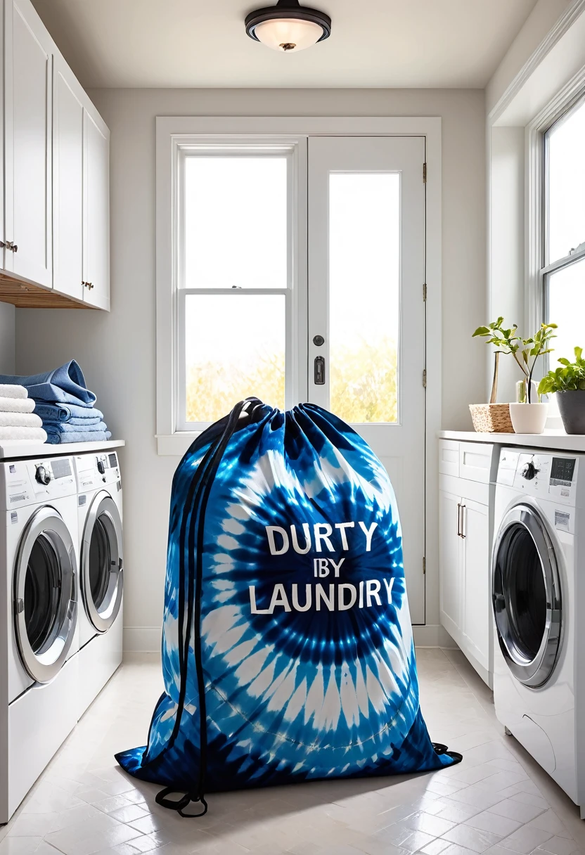 1 oversized blue tie-dye patterned dirty clothes bag in the laundry room,Black drawstring,Professional display