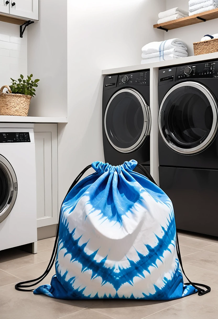 1 oversized blue tie-dye patterned dirty clothes bag in the laundry room，Black drawstring，Professional display