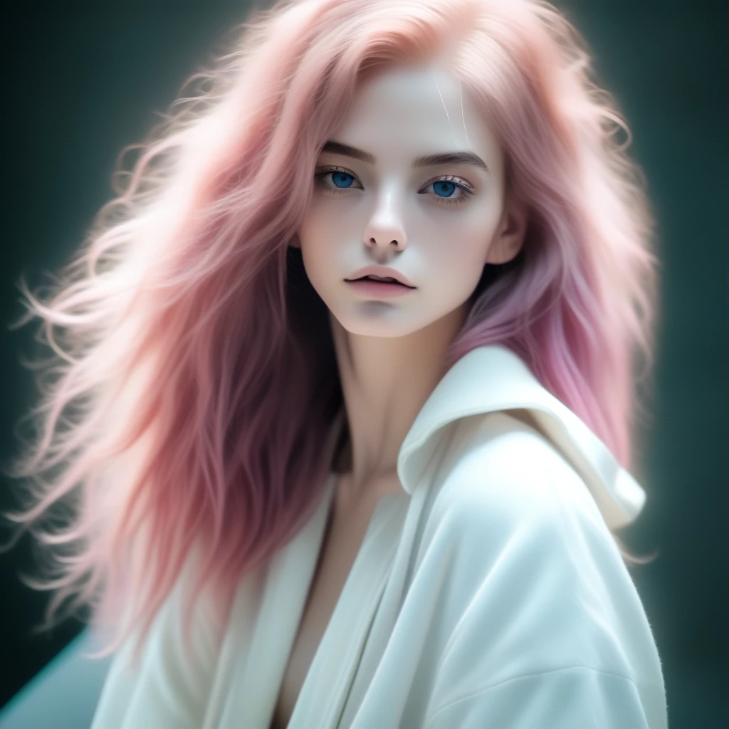 sexy cute pretty young girl,solo, portrait,Amaranth simple background,long wavy hair, Dirty iridescent pink hair, realistic, (masterpiece,best quality,niji style)