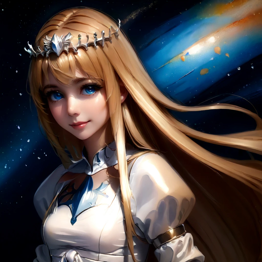 (masterpiece, top quality, best quality, official art, beautiful and aesthetic:1.2), (portrait picture, face zoom, portrait: 2), smiling, beautiful ), extreme detailed, (splash of paint:2), highest detailed, beautiful, masterpiece, perfect composition, perfect art, 8k, powerful, (intense:2),  anime style, realistic space, stars, atomic light, photons, 1girl,solo, calca, blonde hair, ,( extremely long hair:1.3), very long hair, extra long hair, white tiara, white dress, blue eyes,Calca Bessarez, medium breast,Calca

