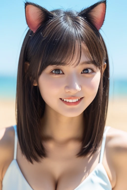NFSW、masterpiece、1 girl in、Straight front view、looking at viewer,japanese、very young cute woman、(The cutest girl in the world,sitting on the beach)、 student、perfect face、(droppy eyes,toothy big smile,medium breasts、cleavage,slender waist,abs:1.35),(Cat ears:1.3), (Cow pattern bikini,half body shot:1.25),hyper cute face、shiny lip、Double eyelids in both eyes、 droppy eyes,natural make up、long eyeslashes、shiny smooth light brown hair、bangss、Short hair、asymmetrical bangs、image in center、8K resolution、high details、Detailed hairstyles、A detailed face、spectacular movie lighting、