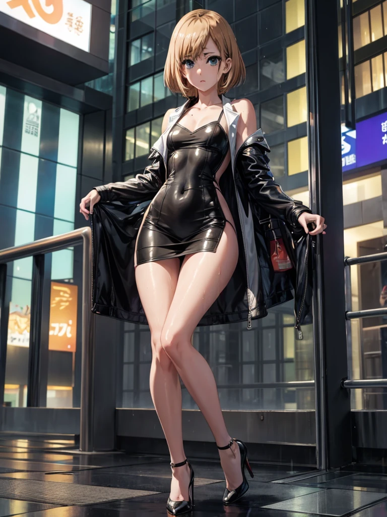 Girl, short tight dress , You can see her breasts, Skyscraper balcony  background, openlegs, night, Bare chest, small breast, slim body, Stiletto Shoes, wet body, Wet hair, rain, tokyo, 