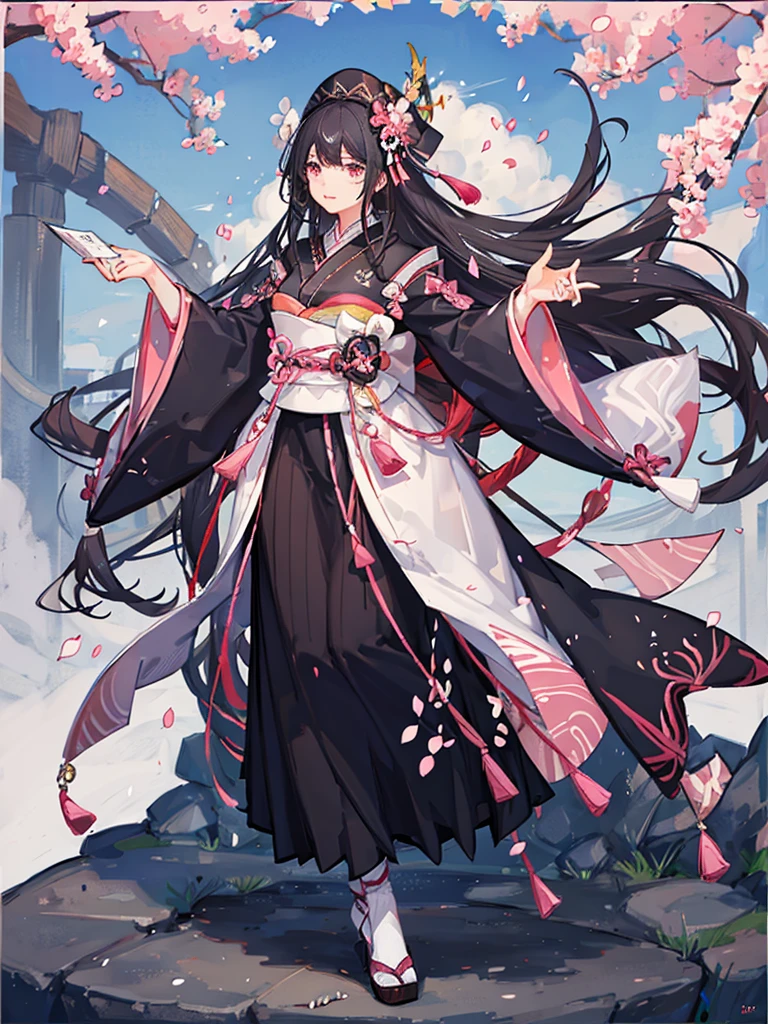 best quality, character design sheet, adult woman、No hat on, Black and pink hair, whole body, Head to Toe, Fortuneteller、Standing facing forward, Beautiful black dress, long Black Hair, Pure white background, from front, best quality, Cherry blossom pattern、Japanese、Adult Japanese、Clear eyes、Standing facing forward、The face is facing forward、holding a magic card in hand、White background、Black western dress、Neutral face、Black hair with pink inner color