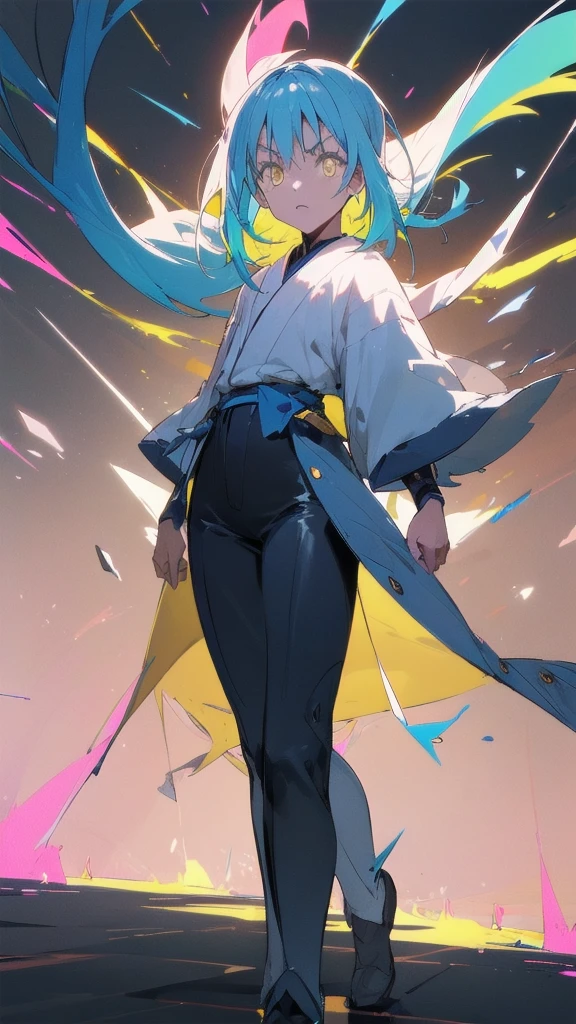 {{{masterpiece}}}, {{{best quality}}}, {{ultra-detailed}}, {illustration}, {{an extremely delicate and beautiful}}, A vibrant color palette is used,{{{ the neon colors in the background}}}, Reflections and prismatic effects can be seen in the character's hair and background, expression is serious,combat uniform, hair and clothes sway in the wind, The light effects are skillfully used, magical atmosphere, The background is filled with shining lines and colorful shards of light, the movement of energy, realistic, japan anime taste, yellow eyes that charm everyone in the world, Straight hair, the whole body, {{{dynamic angle}}}, wide shot, {{{very wide shot}}}, (ultra details),anime colored,2D,glowify,