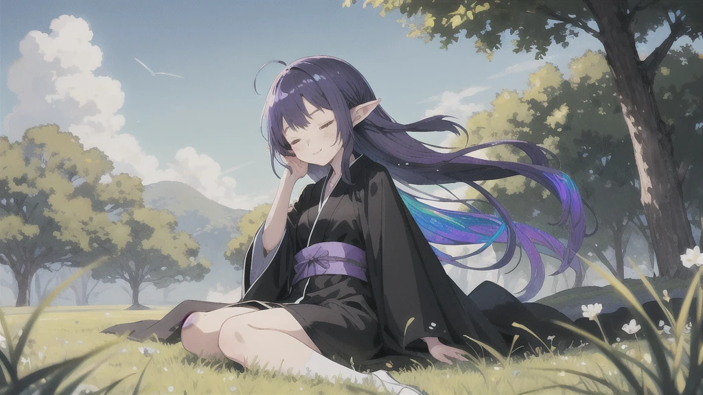 anime girl long purple hair wearing a black Robe. she has pointy ears. Manga kawaii. iridescent ,An illustration, 0ne person .Sitting in the grass, hair blowing in the wind, Eyes closed