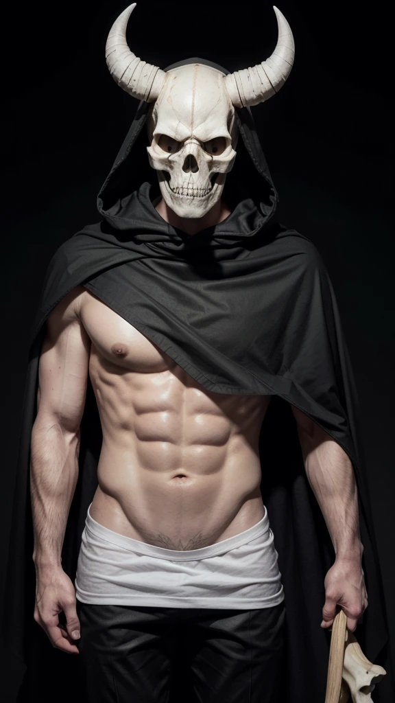 Image of a skull with a skull face with a horn on its head facing backwards its skull torso wearing a black cape without a hood the lining of its cape is white on the inside its torso is made of bone its hands are made of skulls its feet are made of ox wearing black pants and holding a bone cane in his right hand