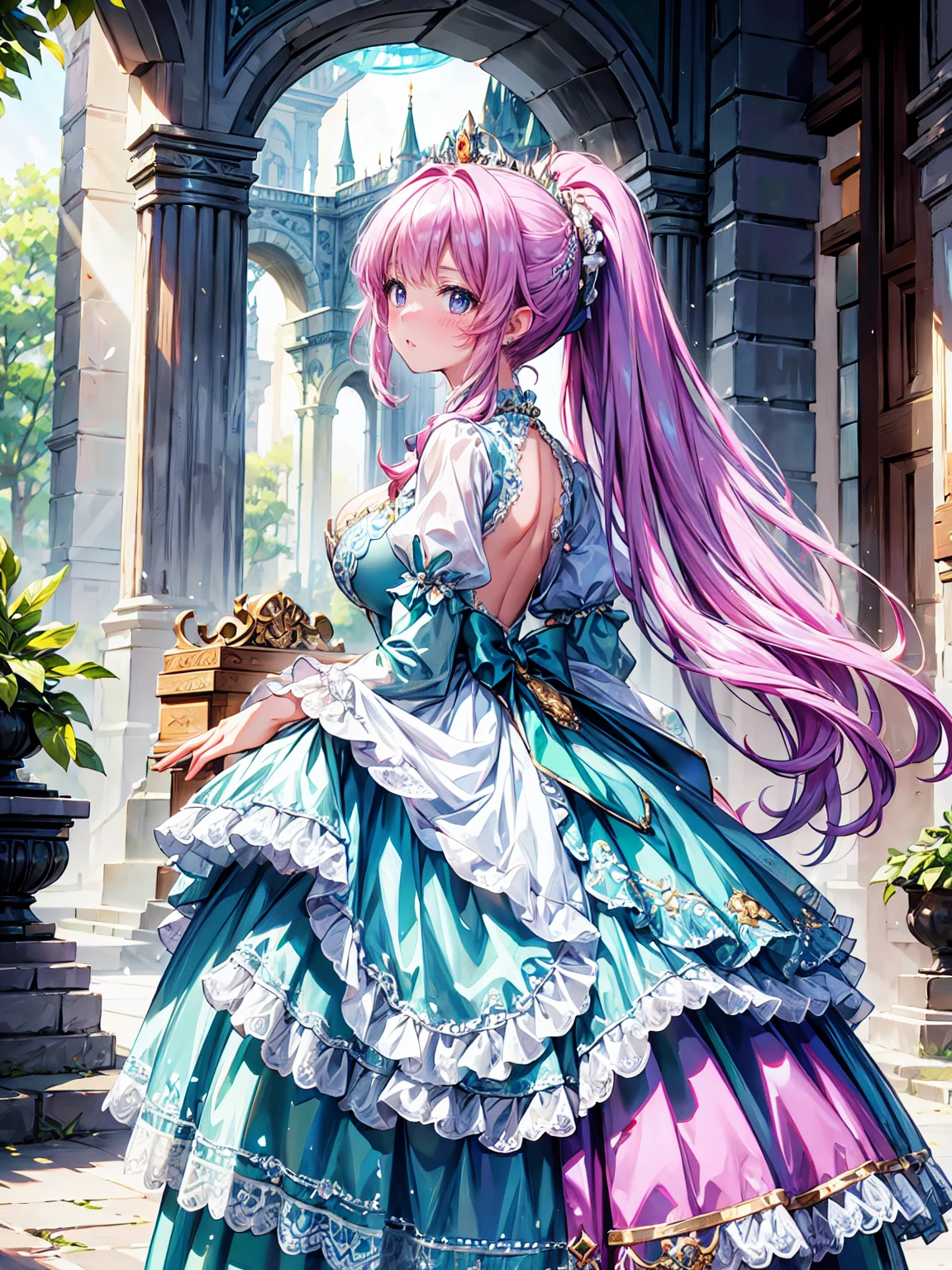 (((young face solo Captivating Adorable princess))), (((dress emerald dress)))), (((Unsurpassed gorgeous rococo victorian gown with voluminous hoopskirt and long hems, princess style skirt))), (gown brilliances dazzlingly glitter reflective prismatic transparency gown:1.2), (gown ultra elaborate gown:1.5), (((huge breasts))), (((breasts focus))), breasts cleavage, ((hair pink hair)), ((ponytail fluffy long ponytail)), (Expressive hair), very voluminous and very long hair, bangs, super delicate and beautiful face, beautiful lips, (hyper detail delicate beautiful eyes blue eyes), hair ornament silver ornament, beautiful smile, (((portrait:1.5))), (arched back hands on head:1.5), (facing at viewer from side:1.5), (((Masterpiece, Super detail, top quality, ultra high res, Spectacular Quality, Distinguished Quality, ultra detailed, unity 16k))),