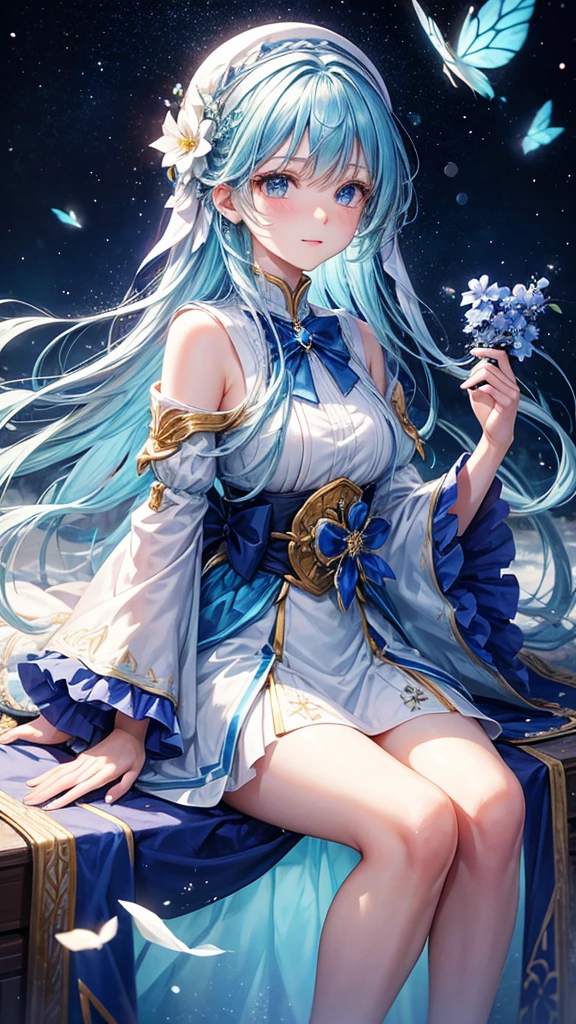 A young woman with long blue hair, wearing a white and blue winter outfit, sits on a branch with a large blue flower, her hand reaching out to the sky. She has a playful expression on her face and is surrounded by a magical aura.

[Anime style, vibrant colors, magical and whimsical, inspired by the works of Mihoyo and Pixiv artists], [dynamic composition, soft lighting, glowing effects, bokeh effect, motion blur, detailed textures, background with a starry sky and white butterflies]