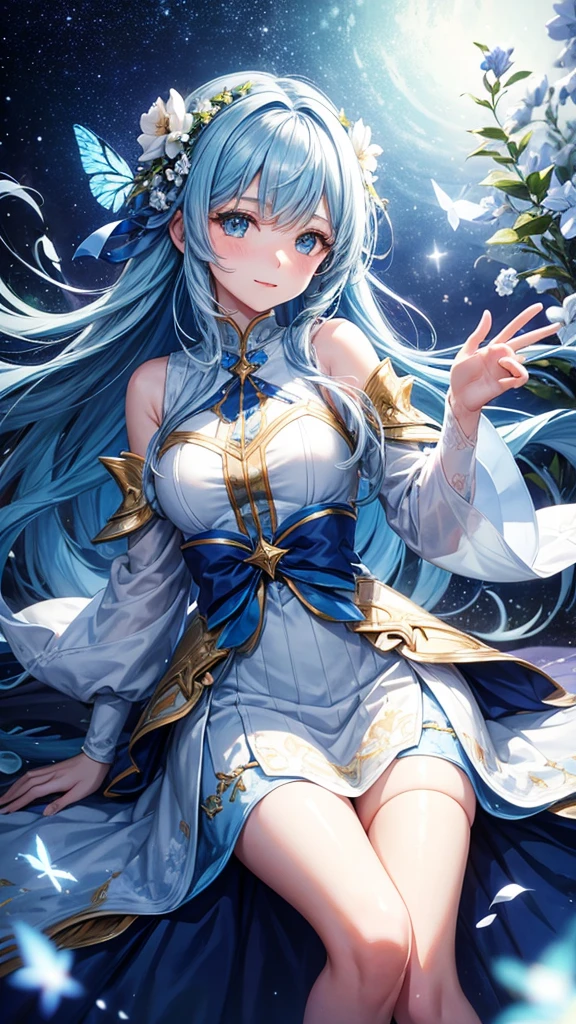 A young woman with long blue hair, wearing a white and blue winter outfit, sits on a branch with a large blue flower, her hand reaching out to the sky. She has a playful expression on her face and is surrounded by a magical aura.

[Anime style, vibrant colors, magical and whimsical, inspired by the works of Mihoyo and Pixiv artists], [dynamic composition, soft lighting, glowing effects, bokeh effect, motion blur, detailed textures, background with a starry sky and white butterflies]