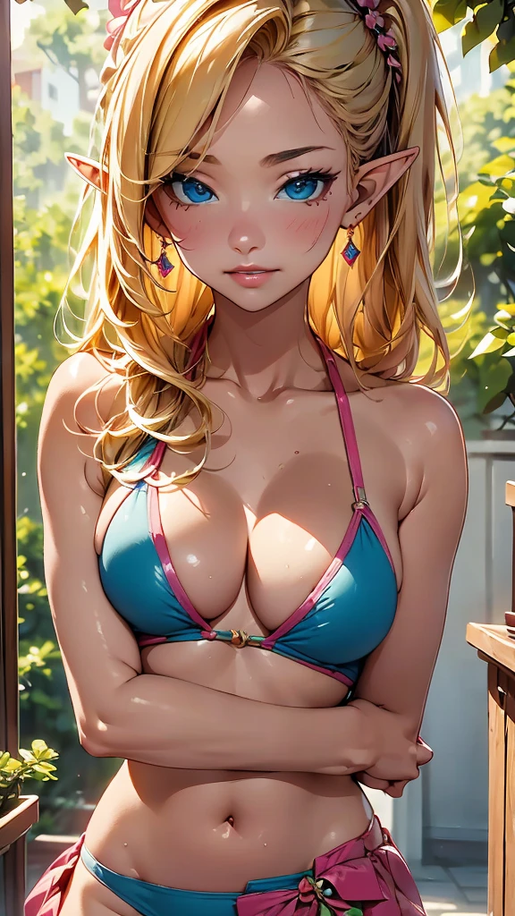Elf、Colorful swimsuit in reggae colors、Portrait of a beautiful 16 year old girl , detailedな背景画、The gesture of pulling up the hair、Blue Eyes, detailedな目、detailedな手脚、Accentuate the cleavage、Tan Skin、Bright red lips, (masterpiece) (Highest quality) (detailed) (8K) (High resolution) (Cinema Lighting) (Sharp focus)、Blonde、(Inner Color: pink), ((blush: 0.8)), Natural skin texture, Transparent skin、Delicate, rolled up、luxury、whole body、A step back angle、