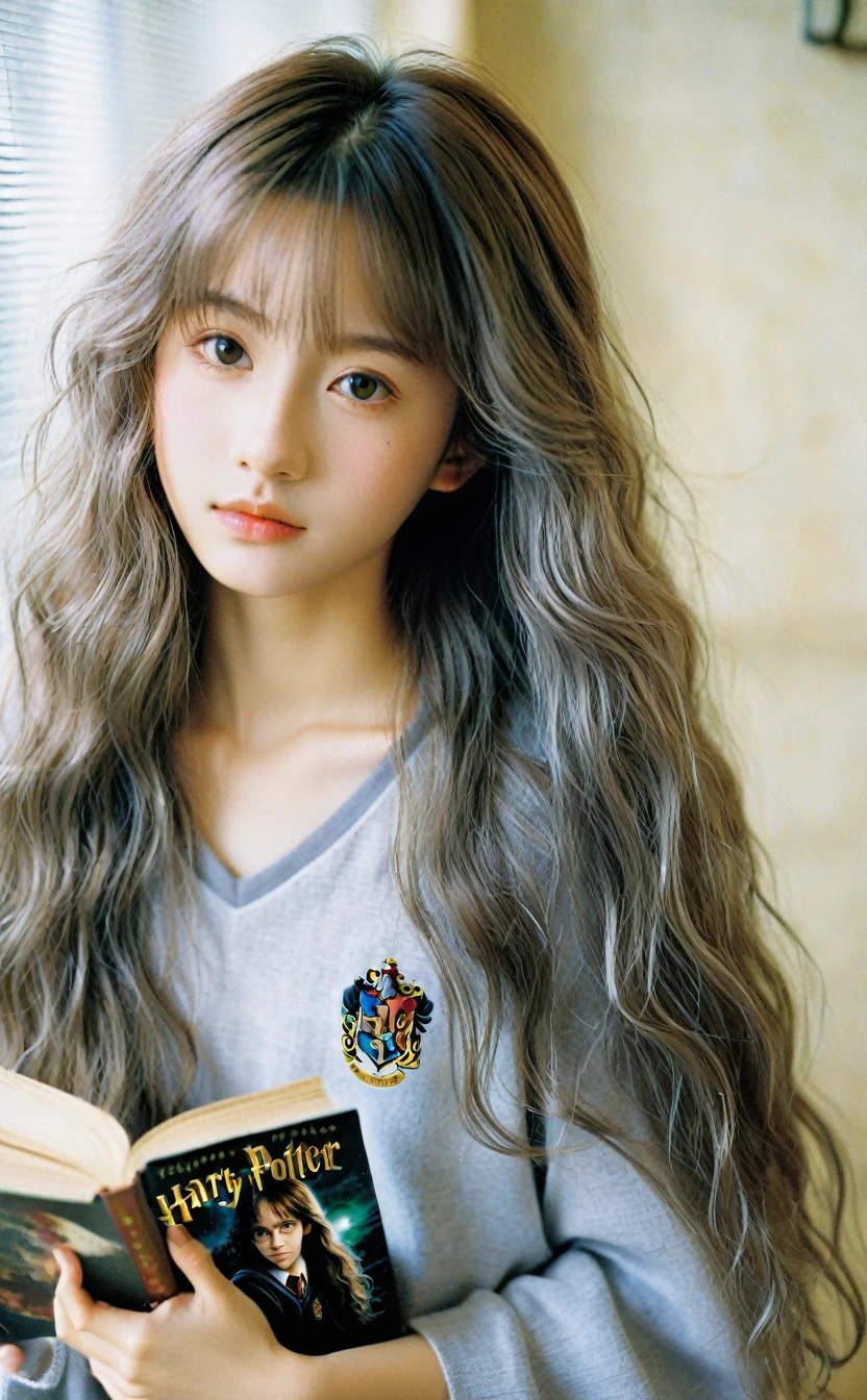Realistic,Japanese young idol one girl portrait,Upper Body,Silvery, loosely wavy long hair,indoor,holding harry potter&#39;s wand,Simple yellow-green background,smile,Wearing a green long coat,Popular Korean makeup,photoRealistic,