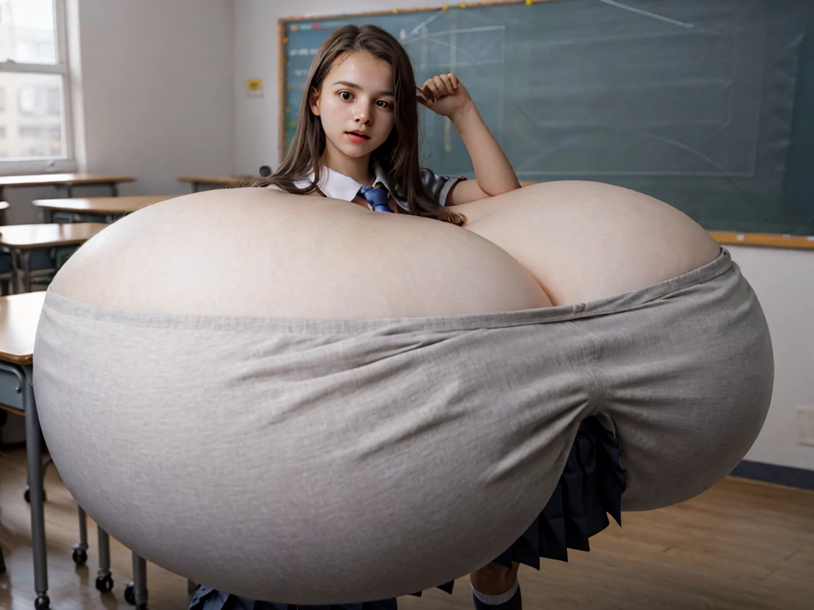 masterpiece, best quality, ultra highres, solo, (skinny body, thin body, narrow hip:1.3), narrow waist, skinny thighs, red eyes, sparkling pupils!, white hair, braid, hairclip, (gigantic sagging breasts, gigantic breasts:1.45), (school uniform, dress shirt, pleated skirt:1.5), short sleeve shirt, bow, classroom, cowboy shot, standing, , bashful, surprised!,