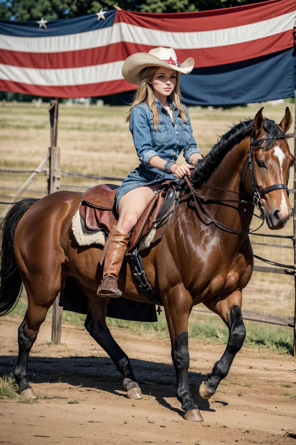 Beautiful woman riding horseback, horse riding, cowgirl hat, carrying the american flag, patriotic, fourth of july