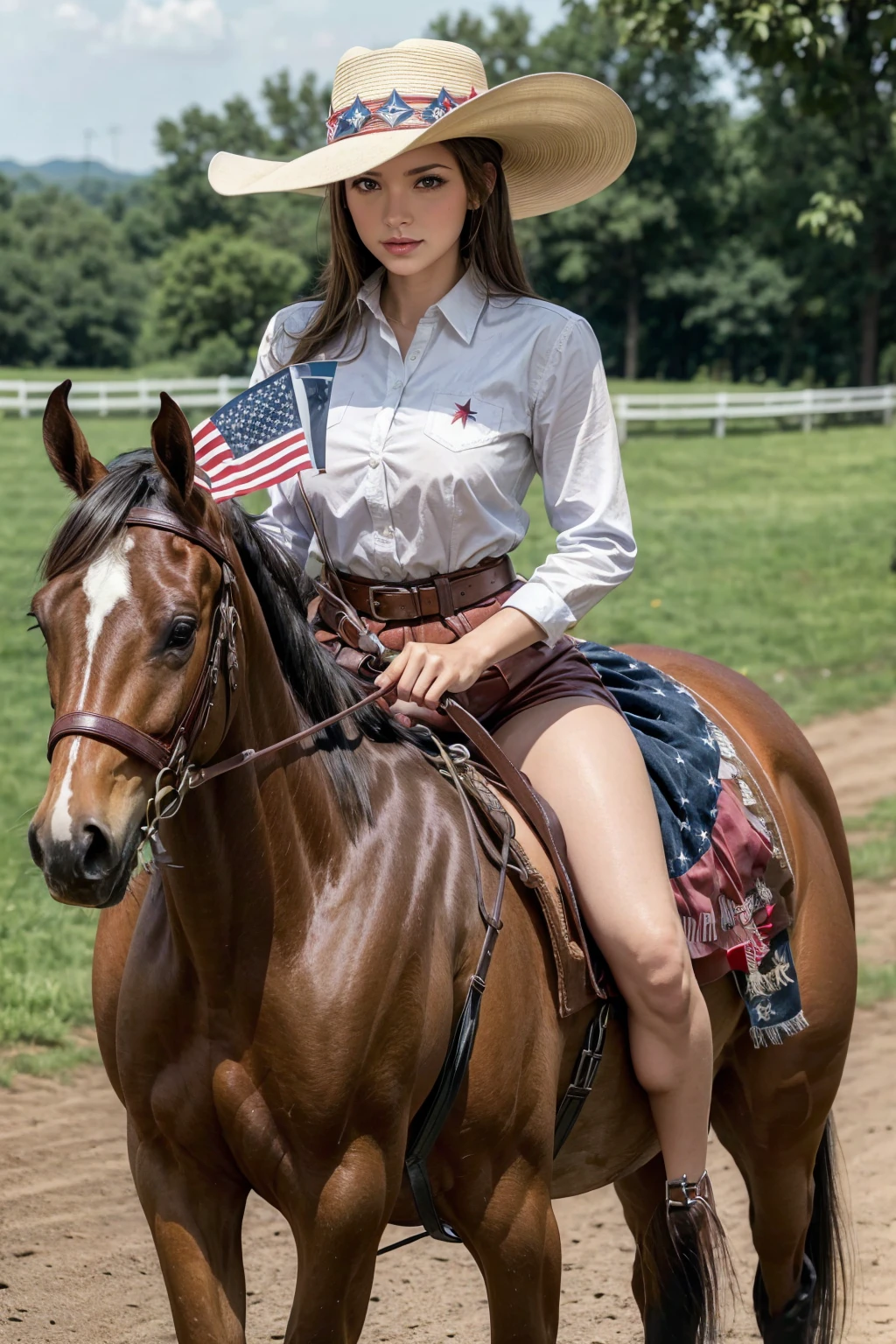 Beautiful woman riding horseback, horse riding, cowgirl hat, carrying the american flag, patriotic, fourth of july