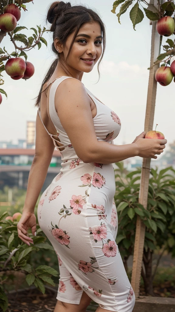 Indian aunty 45 years old curvy body sexy look sexy smile seductive look sexy figure fat hairbun wearing flower pattern tight long dress at apple gardern plucking apples