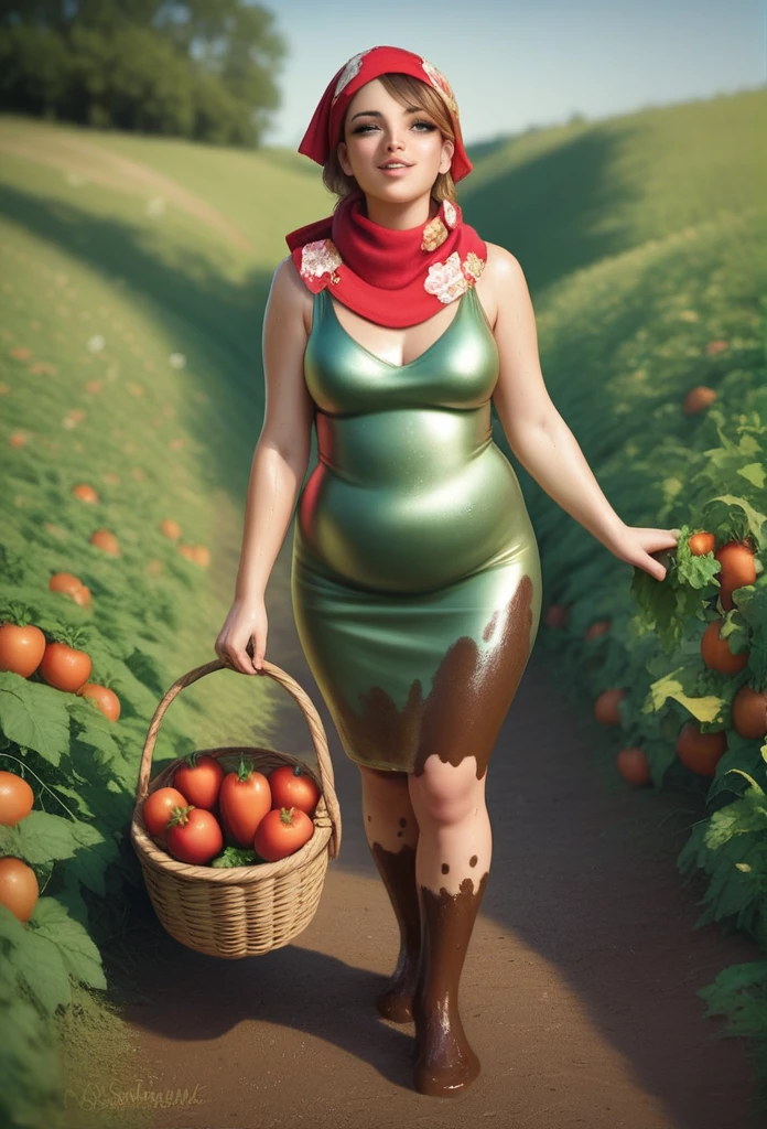 realistic face features, realistic body proportions, 1 girl, cute face, chubby body, hair scarf, colorful floral dress, in agricultural land, tomatoes basket on the ground, detailed agricultural land, full body view, horny, very sweaty, orgasm face, hand on ass, (((mud dripping from dress))), ((mud dripping from crotch)), ((mud stain on dress)),