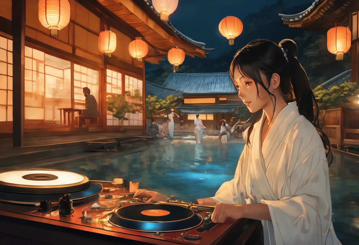 A vibrant onsen event set in a picturesque outdoor landscape with steam rising from the hot springs and lanterns casting a warm glow, where a girl with blue eyes and a cat by her side takes center stage as a DJ, spinning records and energizing the crowd with music, depicted in Dynamic Realism with a focus on capturing the lively energy and intricate details of the scene. 