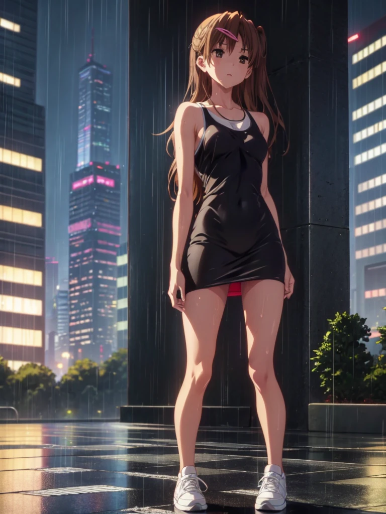 Girl, short tight dress , You can see her breasts, Skyscraper balcony  background, openlegs, night, Bare chest, small breast, slim body, Sneakers , wet body, Wet hair, rain, tokyo, Rear view 