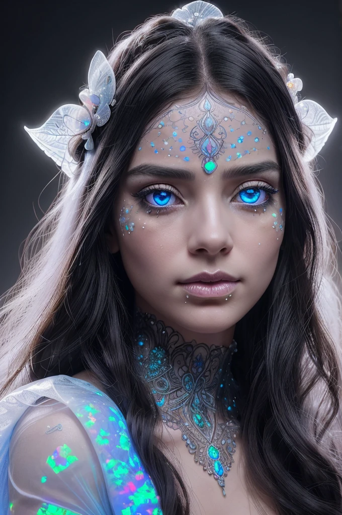 Woman close up fantasy A girl and dynamic glow reflecting on face long hairs looking at back half turned completely white background (illusion) (bioluminescent transparent(((opal knight girl))) ((very long hair)), featuring a (((black silhouette))), intricate details and opal glowing outlines that give off a (((softly glowing opal blue))), evoking a sense of mystery and fantasy (((8k, Ultra high definition, Intricate details, hyper realistic))) photo realistic, ((white background))howcasing a ((face))) in adorned with intricate ()), with a (((sophisticatedly drawn face))) that reflects a (((detailed, advanced styling process))), reminiscent of Arantza Sestayo and Gustav Doré, against a (((complex, surreal backdrop))) that defies the ordinary, with (((unusual creatures and fantastical elements))) that push the boundaries of reality, all set against a (((highly detailed, 8K environment))), where every detail is hyper-cute and precise plain white background
