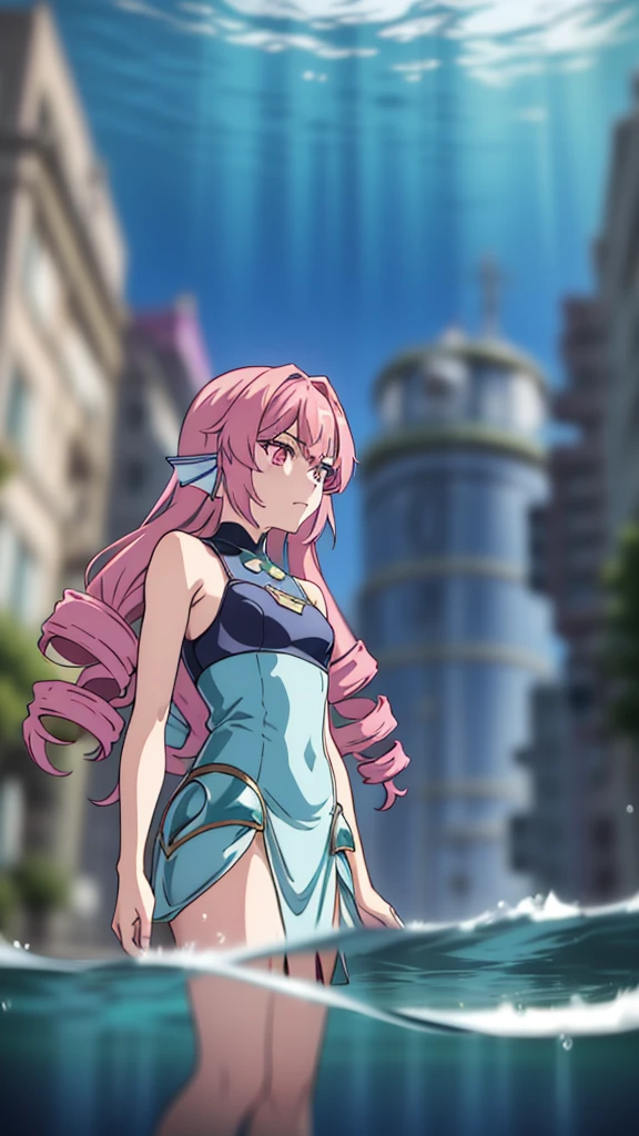 1girl,20 years old,solo,long hair,pink hair,pink eyes,finana,(((drill hair))),(water outfit),(in a underwater city),bare shoulders,looking at view,serious