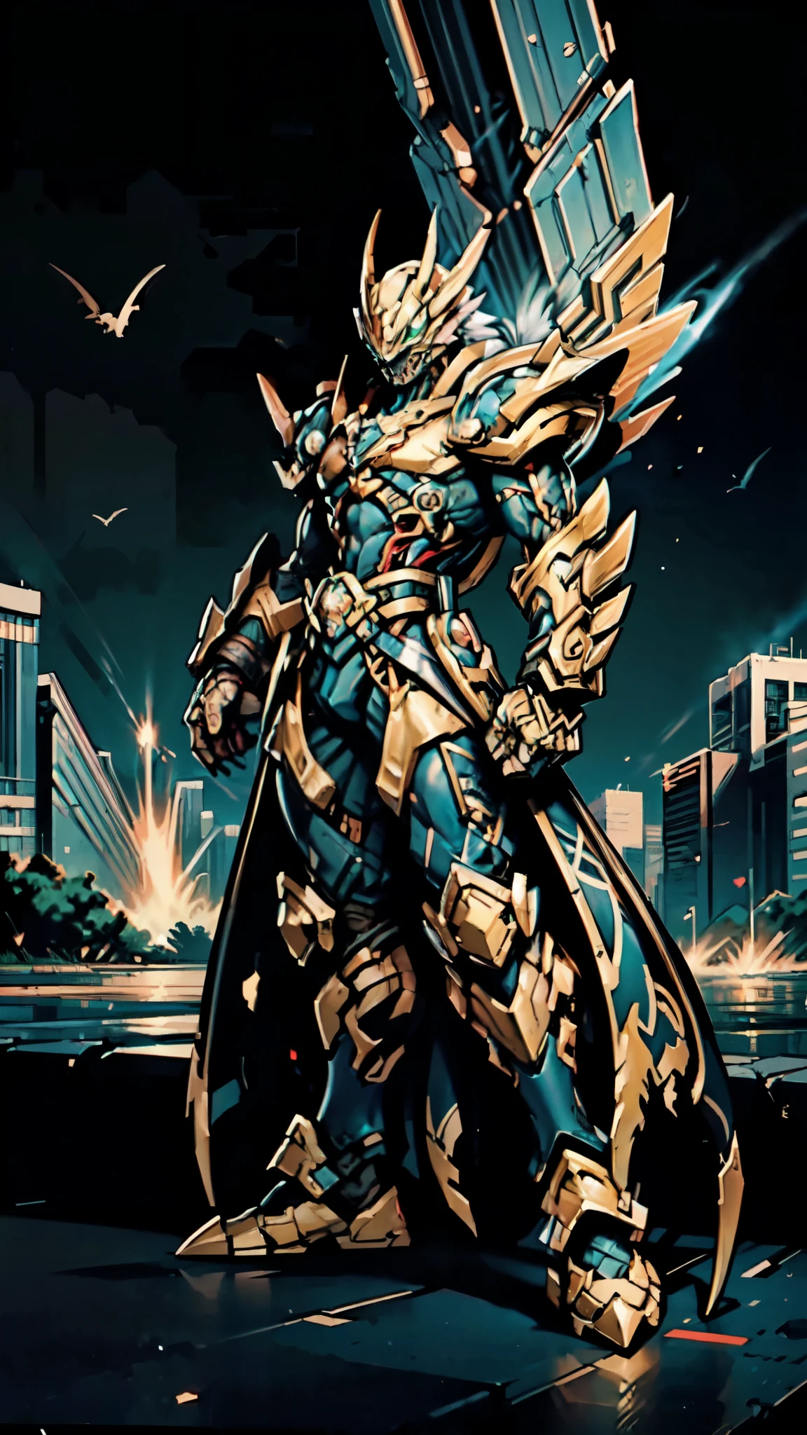 (masterpiece:1.5, best quality:1.5, extremely delicate:1.5, perspective:1.5, foreshortening:1.5, dynamic angle:1.5), a man wearing a full-face helmet, a fantasy-style biotech armored combat suit, green eyes, (a composite layered chest armor), fully enclosed shoulder guards, matching arm and leg guards, the belt is adorned with fangs biting into orbs, (the color scheme is primarily black with red accents), the design balances heavy with agility, a high-tech bio-mecha armor, (Armor Concept Inspired by Bat, stand on the top of a skyscraper in a futuristic sci-fi city), this character embodies a finely crafted fantasy-surreal style armored hero in anime style, exquisite and mature manga art style, (element, plasma, energy, the armor glows), ((male:1.5)), metallic, high definition, highres, ultra-detailed, ultra-fine painting, professional, perfect body proportions, golden ratio, anatomically correct, symmetrical face, extremely detailed eyes and face, high quality eyes, creativity, RAW photo, UHD, 32k, Natural light, cinematic lighting, masterpiece-anatomy-perfect