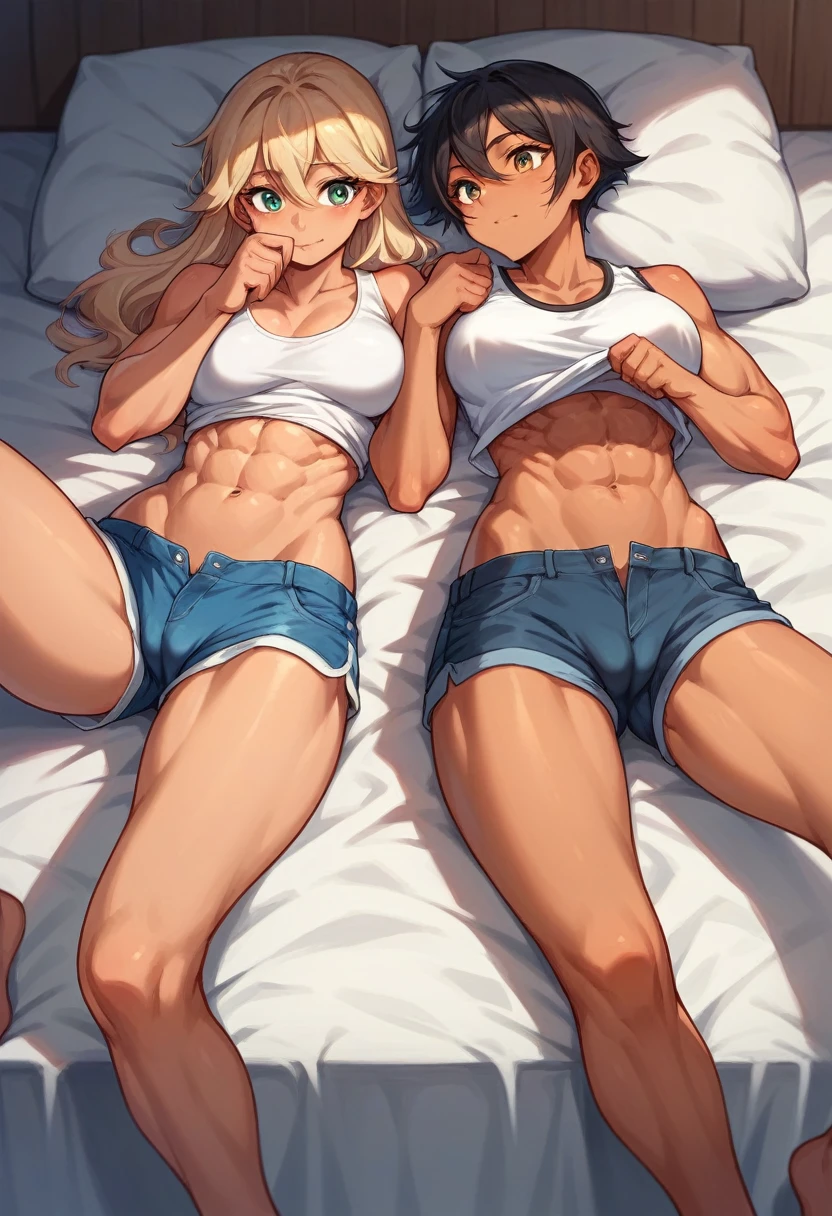 2 girls wearing a tank top and short messy shorts, cute, in bed, toned abs and no other muscles, camel toe, slight tan