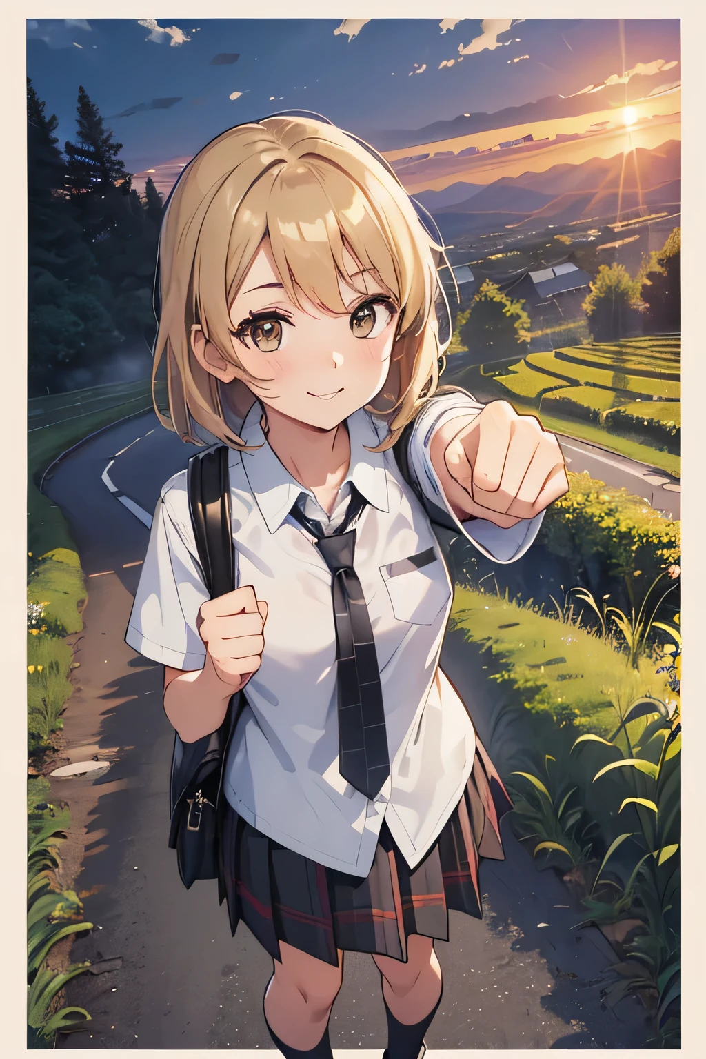 ((Highest quality, 4K, masterpiece: 1.3)), ((High Resolution)),((It's wonderful)),((Japan countryside:1.2)),((Japan countryside:1.2)),((Japan countryside:1.2)),((Japan countryside:1.2)),((Japanese mountain trails and rice terraces:1.2)),((Standing at the bus stop:1.2)),((Standing at the bus stop:1.2)),(Do not split frames),(Do not split),(Do not split),(sunset:1.2),(sunset:1.2),(sunset:1.2),(sunset:1.2),(One woman:1.8),(One woman:1.8),(One woman:1.8),(One woman:1.8),(One woman:1.8),((dutch angle shot:1.2)),((dutch angle shot:1.2)),((medium wide shot:1.2)),((medium wide shot:1.2)),((medium wide shot:1.2)),((upper body shot:1.2)),((upper body shot:1.2)),((upper body shot:1.2)),((upper body shot:1.2)),((shoot from above:1.2)),((shoot from above:1.2)),((school uniform, short sleeve shirt:1.2)),((school uniform, short sleeve shirt:1.2)),((school uniform, short sleeve shirt:1.2)),(tie:1.4),(tie:1.4),(tie:1.4),((Fluttering checkered skirt:1.2)),((Fluttering checkered skirt:1.2)),((Fluttering checkered skirt:1.2)),((Black ankle socks:1.3)),((Black ankle socks:1.3)),((Black ankle socks:1.3)),((Trekking shoes:1.2)),(School Bags),(School Bags),(School Bags),(School Bags),((Stand with your feet shoulder-width apart and your knees slightly bent:1.2)),((Stand with your feet shoulder-width apart and your knees slightly bent:1.2)),((Stand with your feet shoulder-width apart and your knees slightly bent:1.2)),((Stand with your feet shoulder-width apart and your knees slightly bent:1.2)),((Stand with your feet shoulder-width apart and your knees slightly bent:1.2)),((face focus:1.4)),((face focus:1.4)),((face focus:1.4)),((face focus:1.4)),((model posing:1.2)),((model posing:1.2)),((model posing:1.2)),((model posing:1.2)),((model posing:1.2)),((model posing:1.2)),(A cool expression in the wind:1.2),(A cool expression in the wind:1.2),(A cool expression in the wind:1.2),((A big smile:1.2)),((A big smile:1.2)),((fist bump:1.4)),((fist bump:1.4)),((fist bump:1.4)),(shoot from side),((Light brown eyes:1.2)),((Light brown eyes:1.2)),((Beautiful highlighted eyes)),((Light brown eyes:1.2)),((Light brown eyes:1.2)),((Beautiful highlighted eyes)),((Light brown eyes:1.2)),((Beautiful highlighted eyes)),((Light brown eyes:1.2)),((Shiny black hair:1.4)),((Shiny black hair:1.4)),((Shiny black hair:1.4)),((Fluffy short bob:1.2)),((Fluffy short bob:1.2)),((Fluffy short bob:1.2)),((Fluffy short bob:1.2)),((Parted bangs)),((Parted bangs)),(Beautiful breasts),Japanese women, 14 years old gravure photo, High Contrast, Aperture F3.2, Focal length 100mm, (((peace sign))),wakame, wakame, wakame, wakame, wakame, wakame, wakame, wakame, wakame, wakame, wakame, wakame, wakame, wakame, wakame, wakame, wakame, wakame, wakame, wakame, wakame, wakame, wakame, wakame, wakame 
