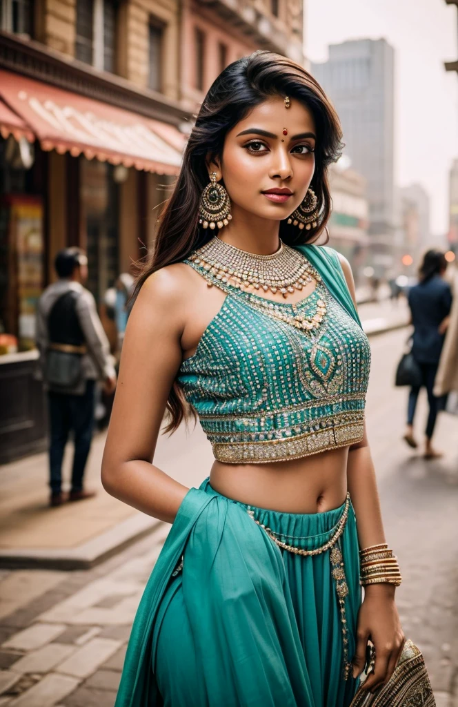 Depict a stunning ((indian woman)) donned in a fashionable crop top, her beauty enhanced by a pair of dazzling earrings. Instead of a DSLR, use a vintage film camera to lend a timeless quality to the image. Capture the intricate details of her attire and accessories, and the subtle emotions on her face. Choose a vibrant cityscape as the backdrop, with the bustling city life adding a dynamic contrast to her calm demeanor. The overall composition should exude a sense of urban chic and sophistication