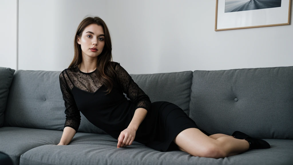 an icelandic woman with beautiful Delicate eyes, Beautiful and delicate lips, Extremely detailed face and skin, Pale skin, 23 years old, Wearing a dark lace top, black sequined skirt, skirt, high heels, Natural eyes, gentleness, elegance，medium long shot, Sitting on the sofa in the living room, sitting posture, beautiful lights, sexy figure, long legs, full body portrait. Beautiful photography，Long eyelashes, Good anatomy , Practical skin texture, Delicate eyes, professional, 4K, Wide-angle lens, Optical Depth of Field, Kodak Vision Color, Perfectly proportioned body, Extremely detailed, ultra-photoPractical, Practical, Post-Processing, Maximum details, Roughness, real life, ultra -Practical, Photorealism, photography, 8K Ultra HD, photography