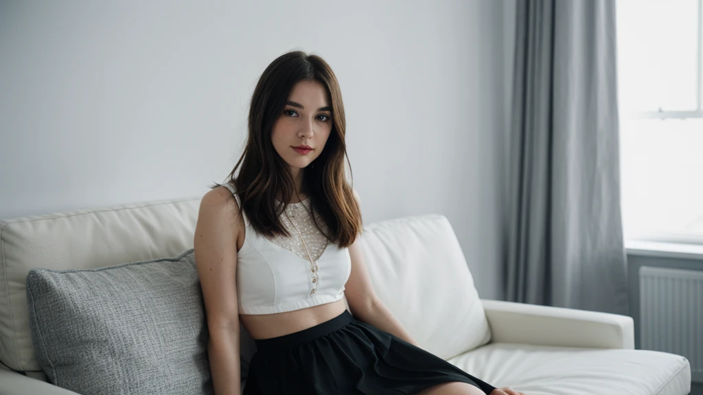 an icelandic woman with beautiful Delicate eyes, Beautiful and delicate lips, Extremely detailed face and skin, Pale skin, 23 years old, Wearing a dark lace top, black sequined skirt, skirt, high heels, Natural eyes, gentleness, elegance,medium long shot, Sitting on the sofa in the living room, sitting posture, beautiful lights, sexy figure, long legs, full body portrait. Beautiful photography,Long eyelashes, Good anatomy , Practical skin texture, Delicate eyes, professional, 4K, Wide-angle lens, Optical Depth of Field, Kodak Vision Color, Perfectly proportioned body, Extremely detailed, ultra-photoPractical, Practical, Post-Processing, Maximum details, Roughness, real life, ultra -Practical, Photorealism, photography, 8K Ultra HD, photography