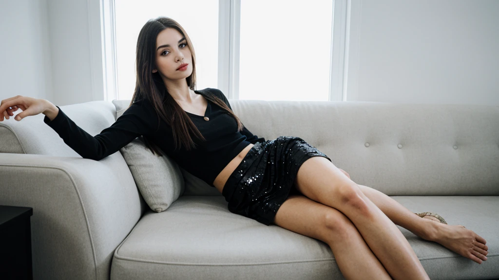 an icelandic woman with beautiful Delicate eyes, Beautiful and delicate lips, Extremely detailed face and skin, Pale skin, 23 years old, Wearing a dark lace top, black sequined skirt, skirt, high heels, Natural eyes, gentleness, elegance，medium long shot, Sitting on the sofa in the living room, sitting posture, beautiful lights, sexy figure, long legs, full body portrait. Beautiful photography，Long eyelashes, Good anatomy , Practical skin texture, Delicate eyes, professional, 4K, Wide-angle lens, Optical Depth of Field, Kodak Vision Color, Perfectly proportioned body, Extremely detailed, ultra-photoPractical, Practical, Post-Processing, Maximum details, Roughness, real life, ultra -Practical, Photorealism, photography, 8K Ultra HD, photography