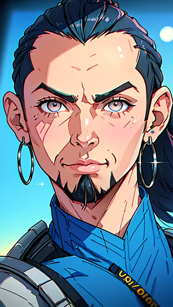 dark blue hair, ponytail, mohawk, mole under eye, wince, amber eyes, hoop earrings, facial hair, excited, Futurism, Conceptual art, chromatic aberration, ray tracing, bust chart, bust chart, bust chart, bust chart, bust chart, bust chart, from side, bokeh, masterpiece, accurate, super detail, 1080P