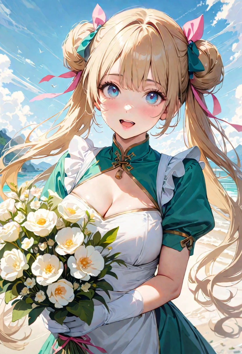 30 years old,1 mature woman,hyperrealistic, 8k, (extremely detailed 8k), (very delicate and beautiful), (masterpiece), (better quality:1.0), (ultra high resolution:1.0), (masterpiece, best quality), cute,blonde,cleavage cutout,(broen dress:1.3),gleaming skin,twintails,twin bun,a pink ribbon on the head,long hair,pastel green chinese maid dress,pastel green chinese dress,white long gloves,hold a bouquet of flowers,face and body straight at the camera,a bunch of flowers,POV,bust shot,white frill,puffy sleeves,laugh with open mouth,tareme,sky blue eyes,short truffle half apron,a gold buckle around someones neck,white corset