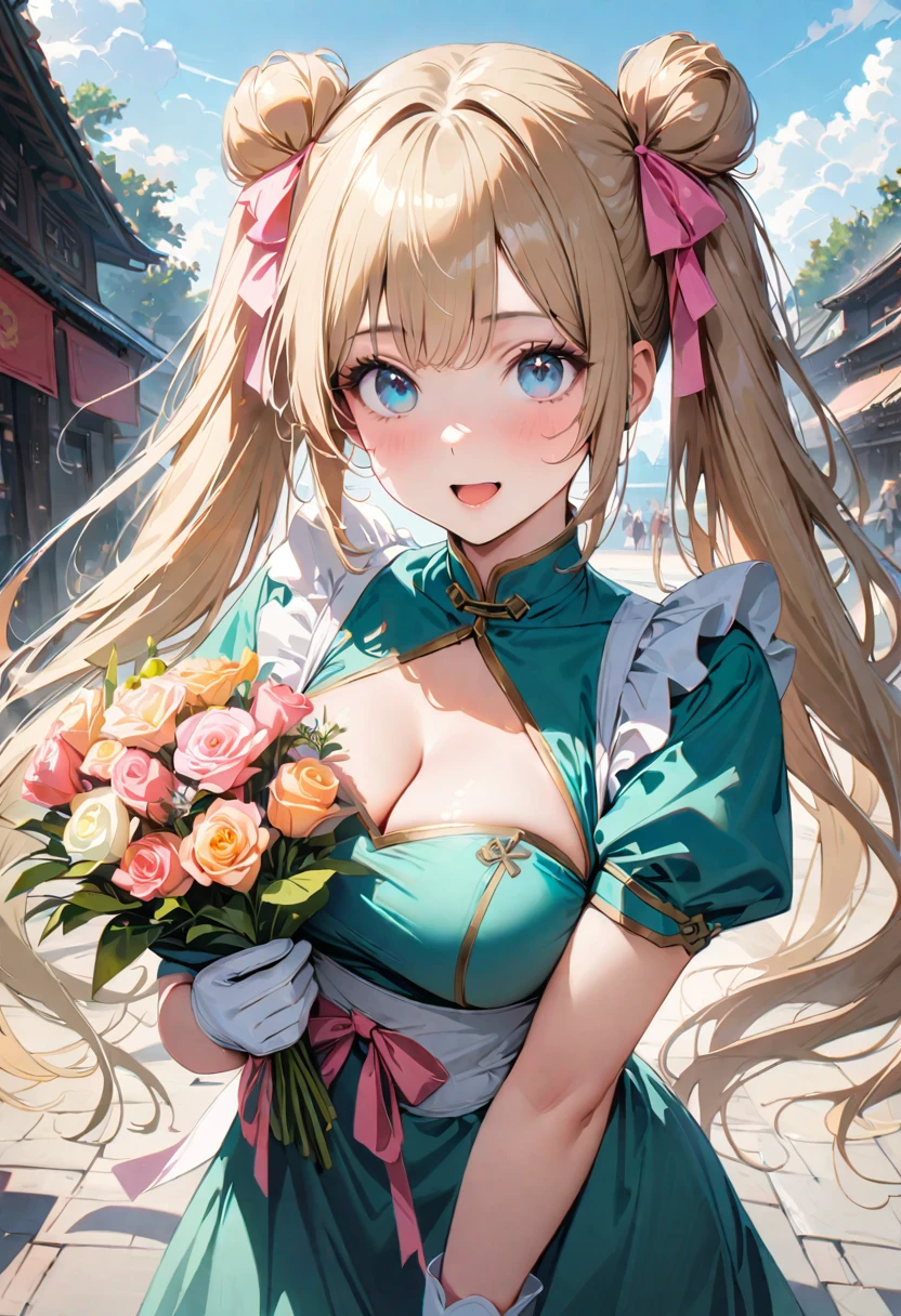 30 years old,1 mature woman,hyperrealistic, 8k, (extremely detailed 8k), (very delicate and beautiful), (masterpiece), (better quality:1.0), (ultra high resolution:1.0), (masterpiece, best quality), cute,blonde,cleavage cutout,(broen dress:1.3),gleaming skin,twintails,twin bun,a pink ribbon on the head,long hair,pastel green chinese maid dress,pastel green chinese dress,white long gloves,hold a bouquet of flowers,face and body straight at the camera,a bunch of flowers,POV,bust shot,white frill,puffy sleeves,laugh with open mouth,tareme,sky blue eyes,short truffle half apron,a gold buckle around someones neck,white corset