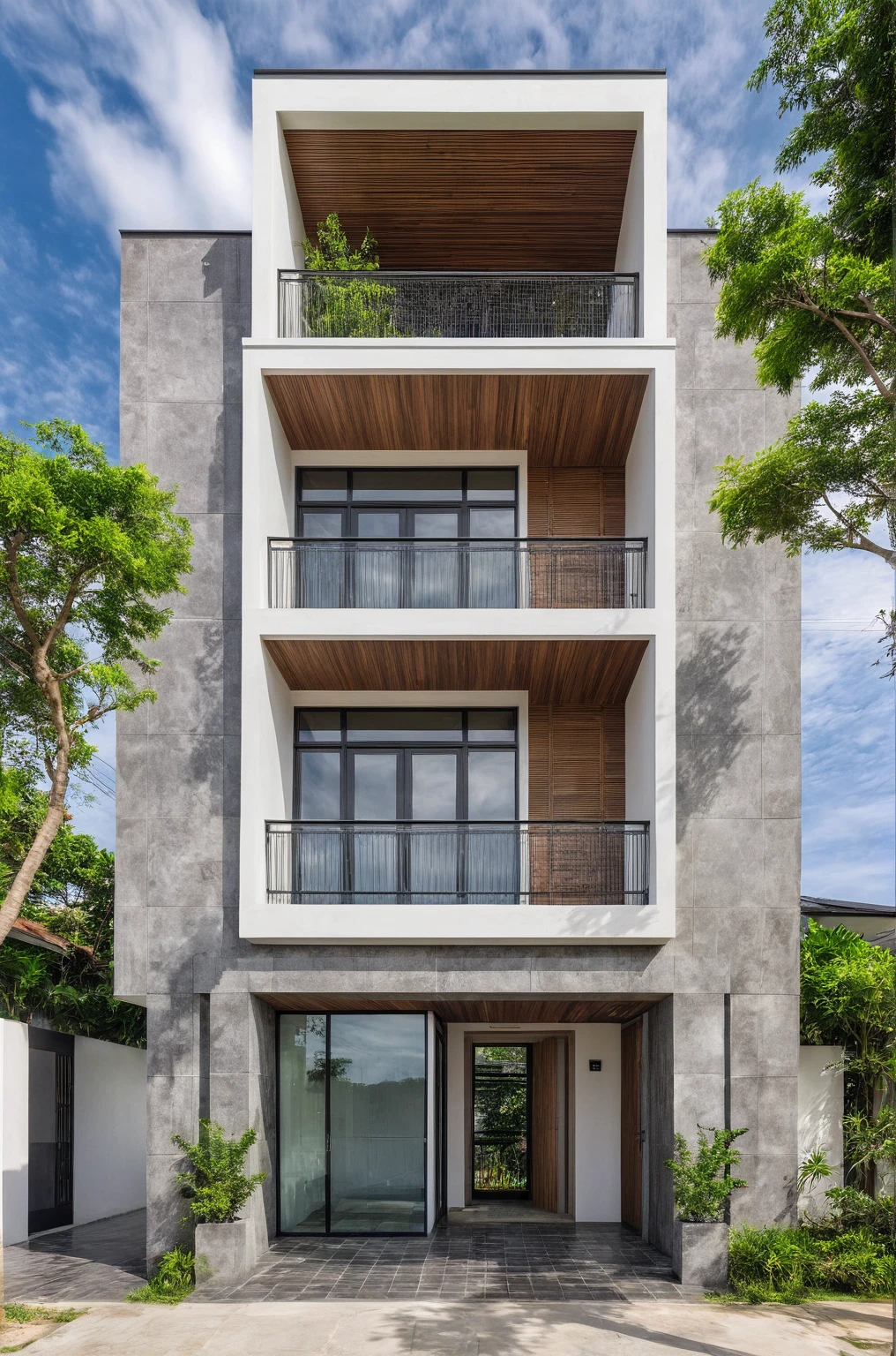 masterpiece, best quality, exterior design, single 1 storie modern house on the Vietnam village, marble, steel, modern dark tiled granite and white walls facade, wooden ceiling, large glass, minimalist modern style, green shrubs and tropical tree background, large door and windows.
