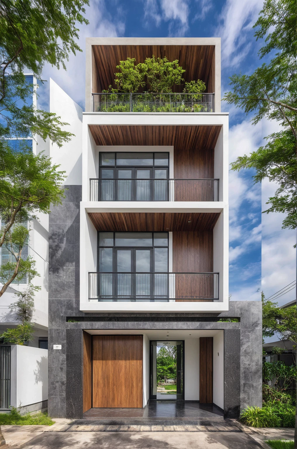 masterpiece, best quality, exterior design, single 1 storie modern house on the Vietnam village, marble, steel, modern dark tiled granite and white walls facade, wooden ceiling, large glass, minimalist modern style, green shrubs and tropical tree background, large door and windows.
